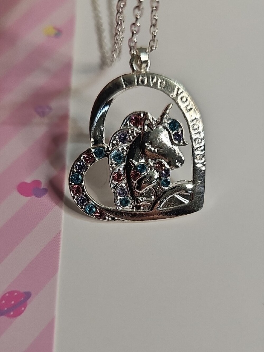 Silver Heart Pendant Necklace with Pink and Blue Stones
